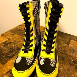 Bamboo Snake Print Boots with Yellow Trim, Size 10